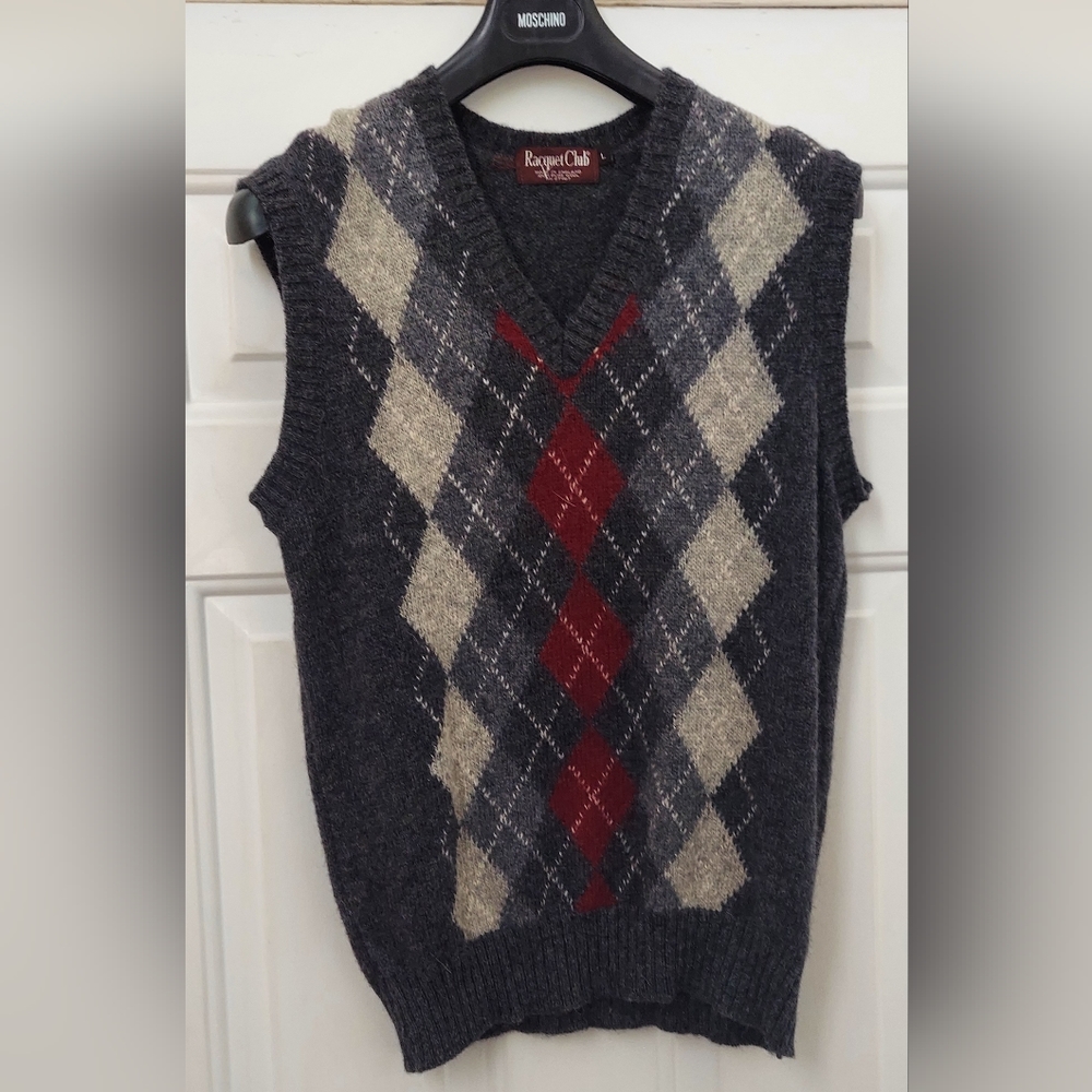 RACQUET CLUB MEN'S PURE WOOL ARGYLE FRONT VEST SIZE L MADE IN ENGLAND NWOT